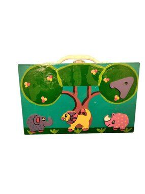 Hand Painted Wood Lunchbox Hippos Storage Box Africa Scene Handmade Blue 3D